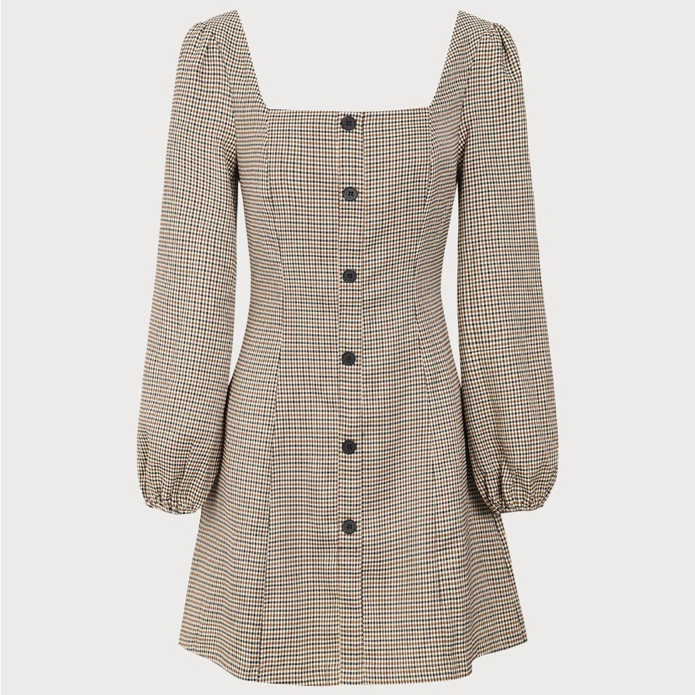 Rihoas The Khaki Square Neck Plaid Button Mini Dress (slim cut, no stretch)